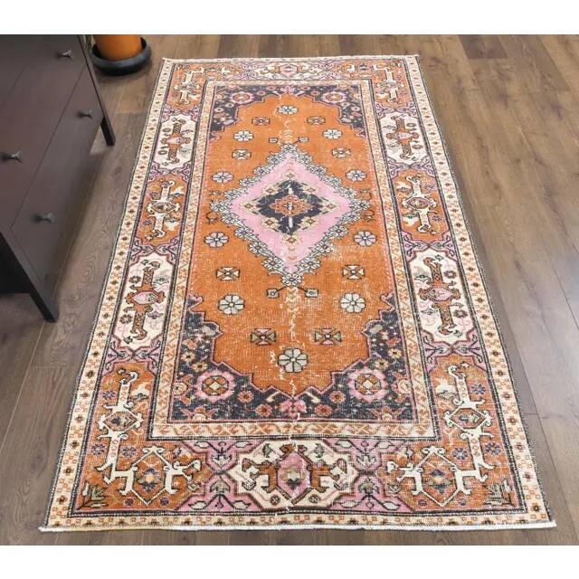 Turkish Vintage Handmade Wool Orange Rug 126x201