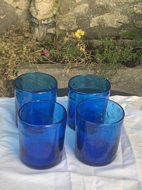 4 verres à whisky en verre souffle bleu cobalt