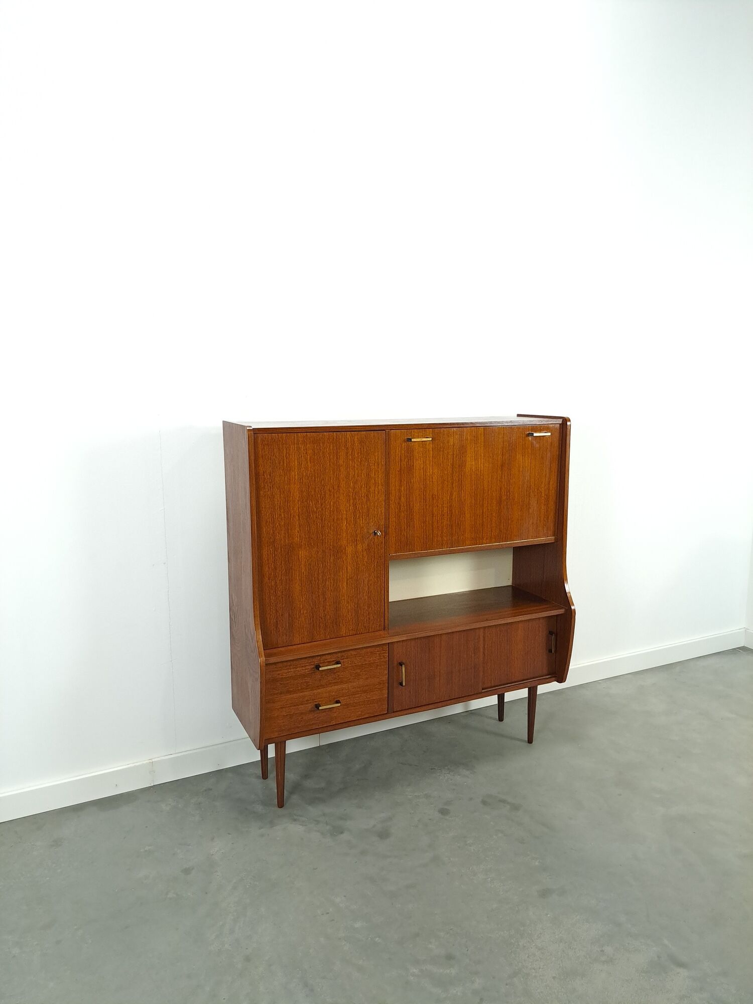 Teak veneer wall cabinet with flap, bar cabinet vintage