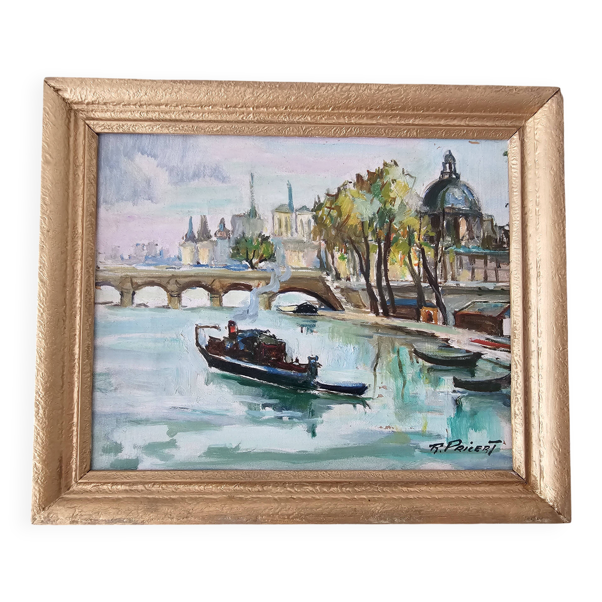Oil Painting on Canvas Paris on the Seine - signed Raphael Pricert 1903 -