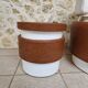 Barrel chair + 2 poufs Selac 1970s cognac and white faux leather