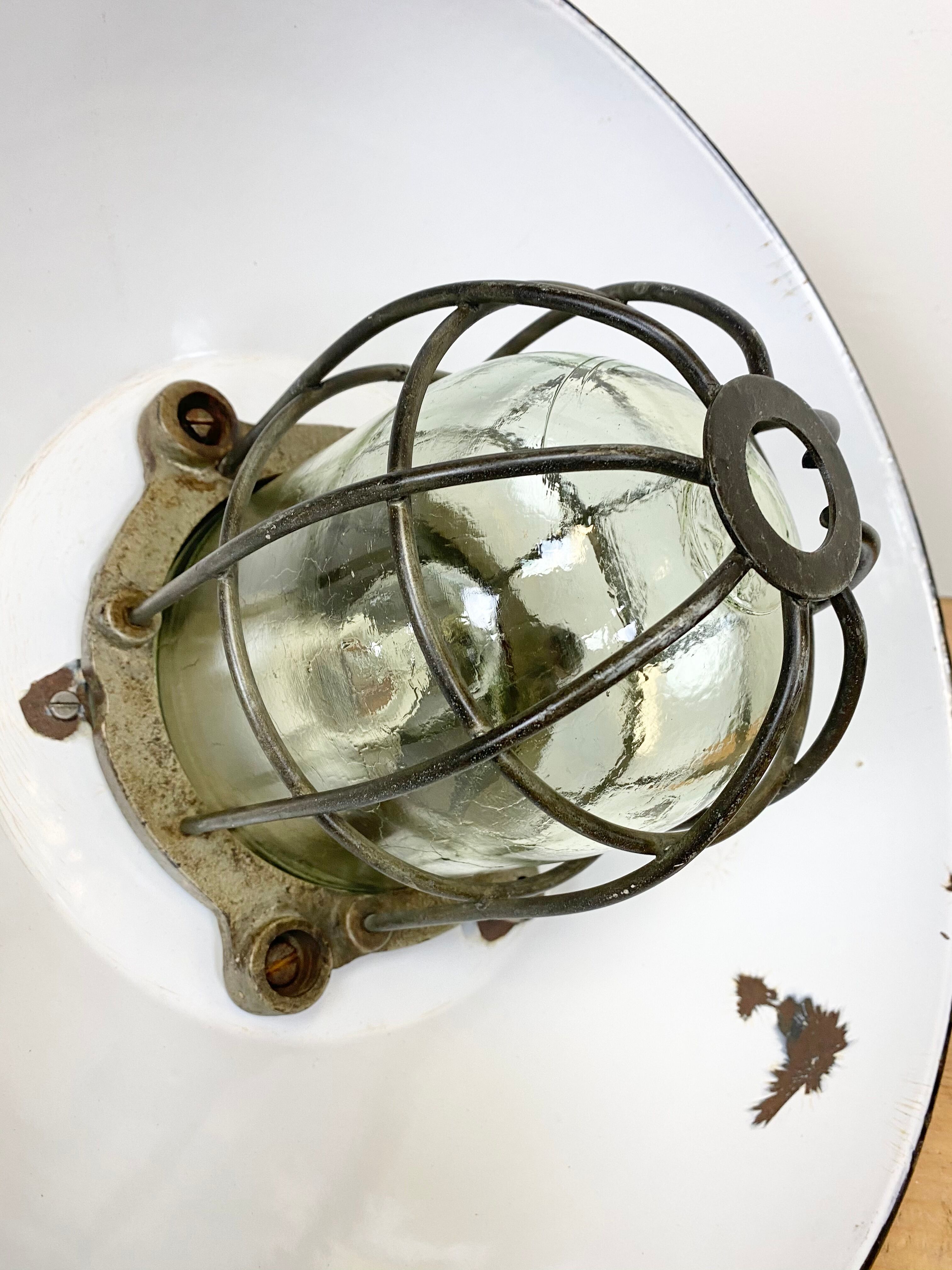 Black enamel and cast iron industrial cage pendant lamp, 1950