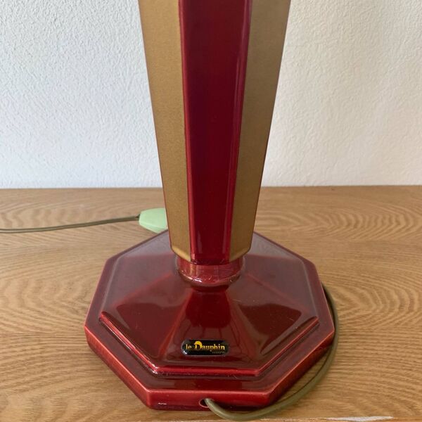 ▪️Lampe Vintage Le Dauphin Céramique Bordeau Et Or Et Abat Jour Nacre Art Deco