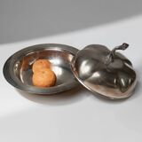 Silver-plated pumpkin-shaped bowl with lift-off lid, 1940s vintage centerpiece in metal