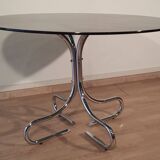 Table basse italienne du milieu du siècle en chrome et acier avec plateau rond en verre fumé, années 1960