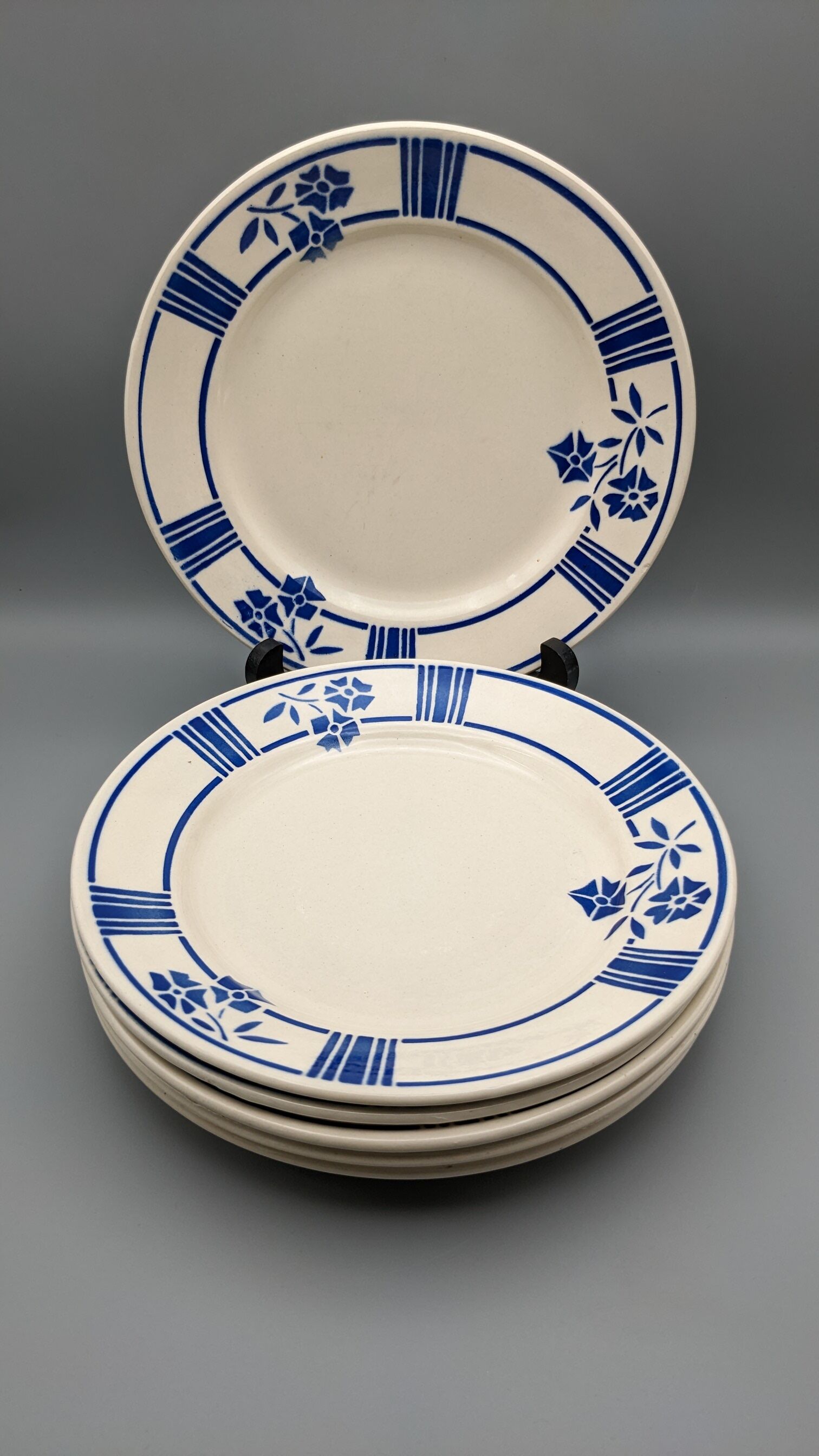 Series of 6 vintage plates demi-porcelaine badonviller art deco blue flowers