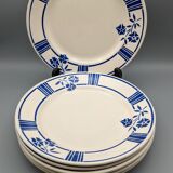 Series of 6 vintage plates demi-porcelaine badonviller art deco blue flowers