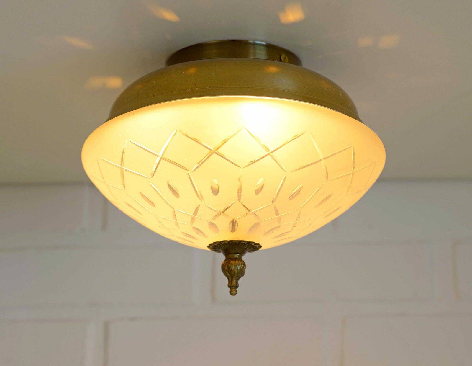 Vintage Art Deco Style Flush Mount Ceiling Light – Cut Glass & Brass.