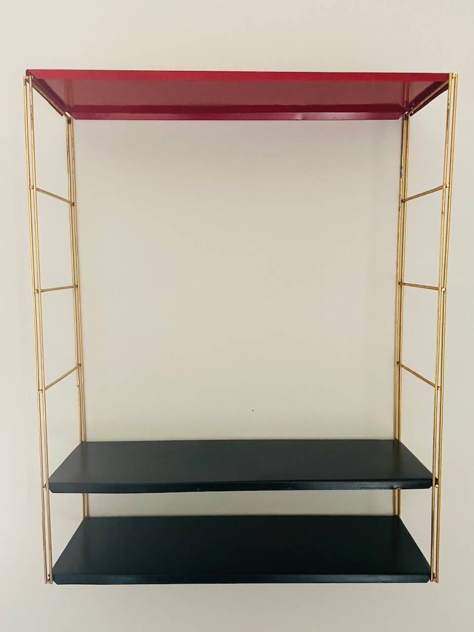 Modular vintage wall shelf, black and red metal circa 1960s