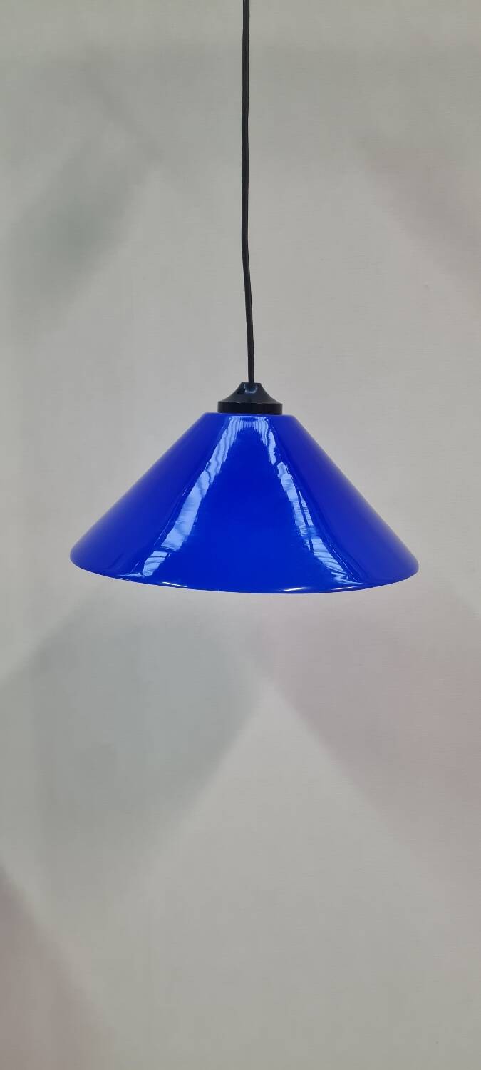 Conical pendant light in blue opaline glass
