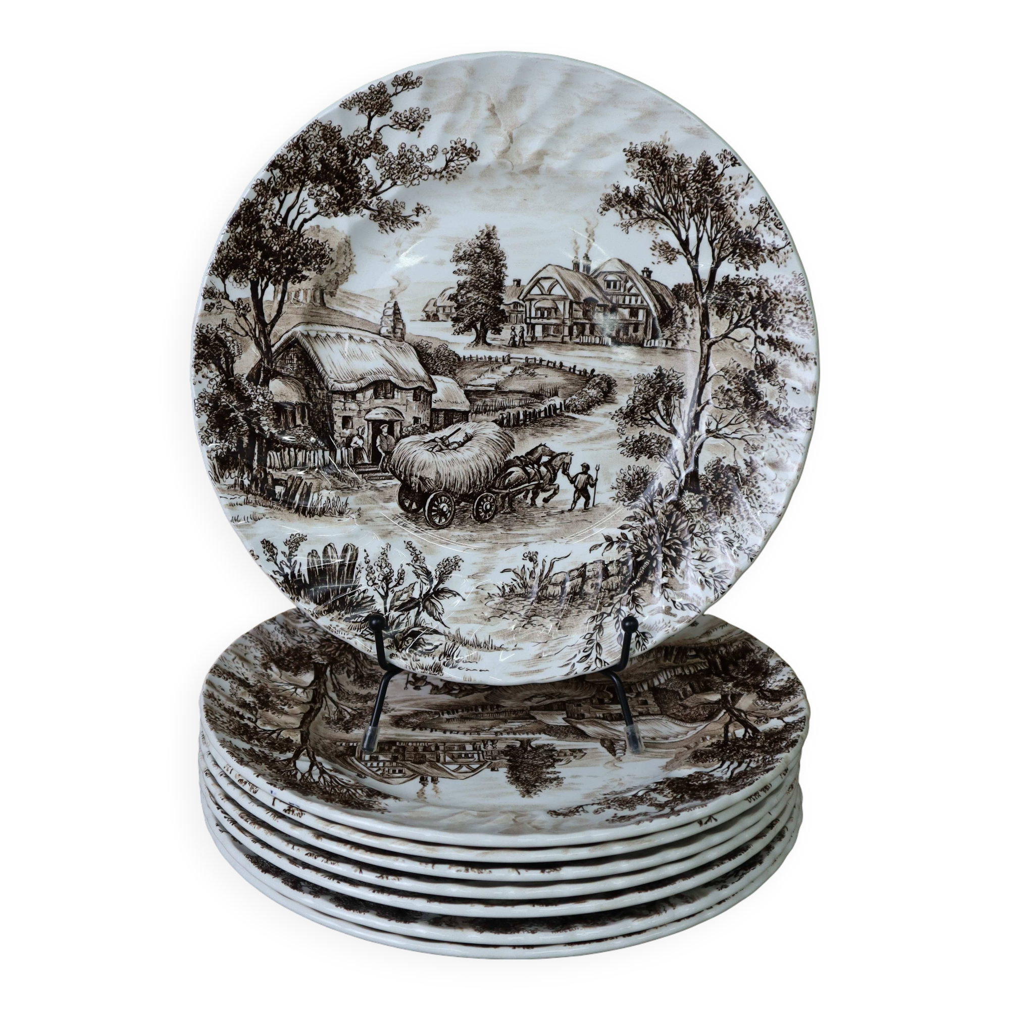 Set of 8 Vintage English Staffordshire 'HAYRIDE' Dinner Plates