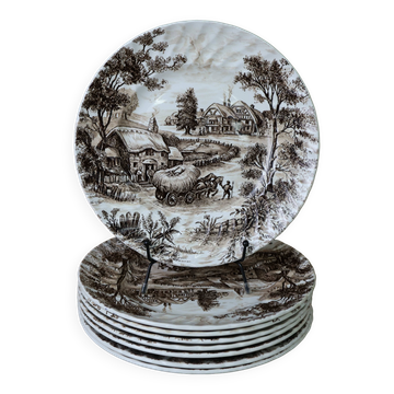 Set of 8 Vintage English Staffordshire 'HAYRIDE' Dinner Plates