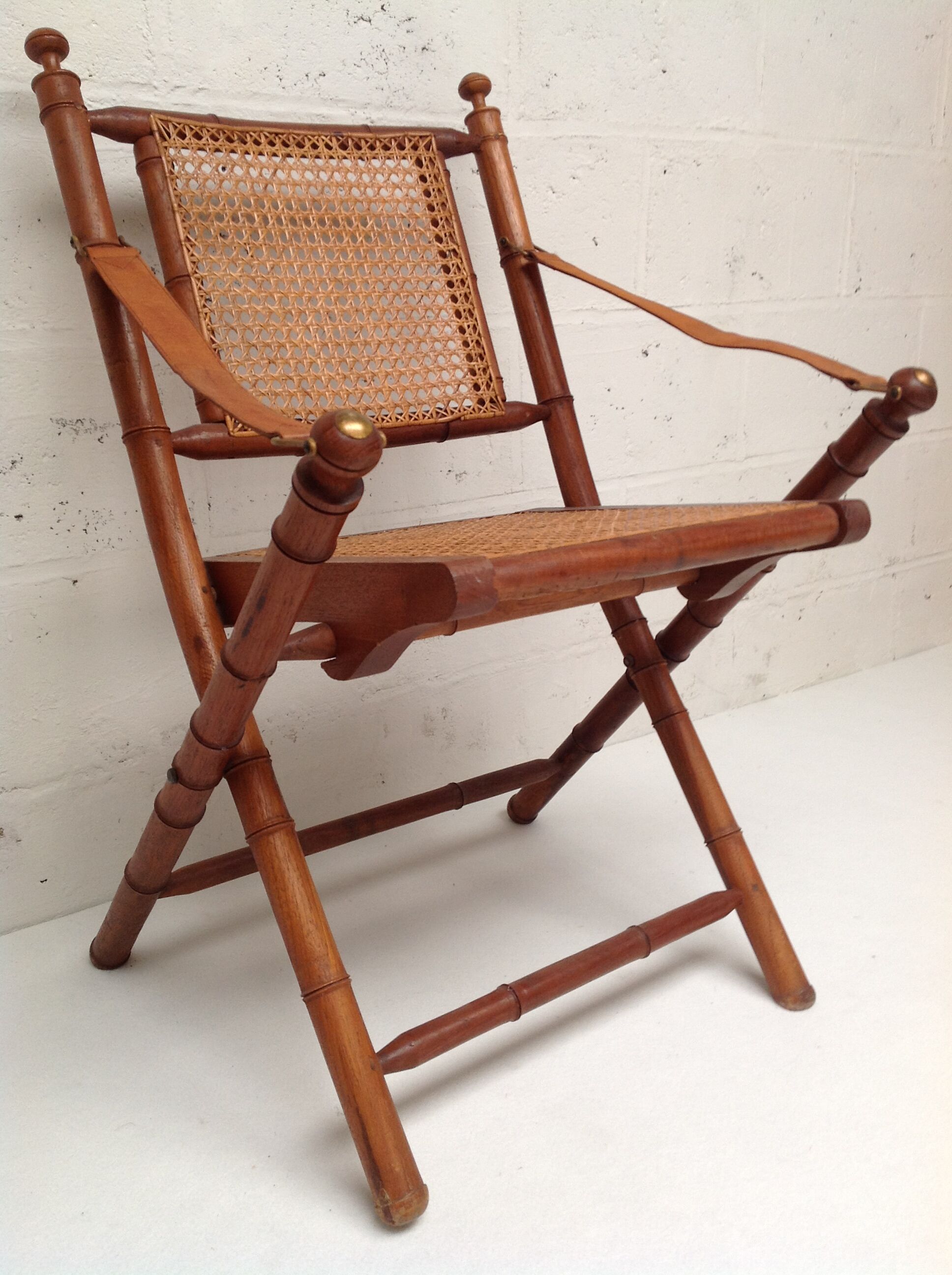 Bamboo folding chair and canning, leather and brass