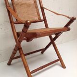 Bamboo folding chair and canning, leather and brass