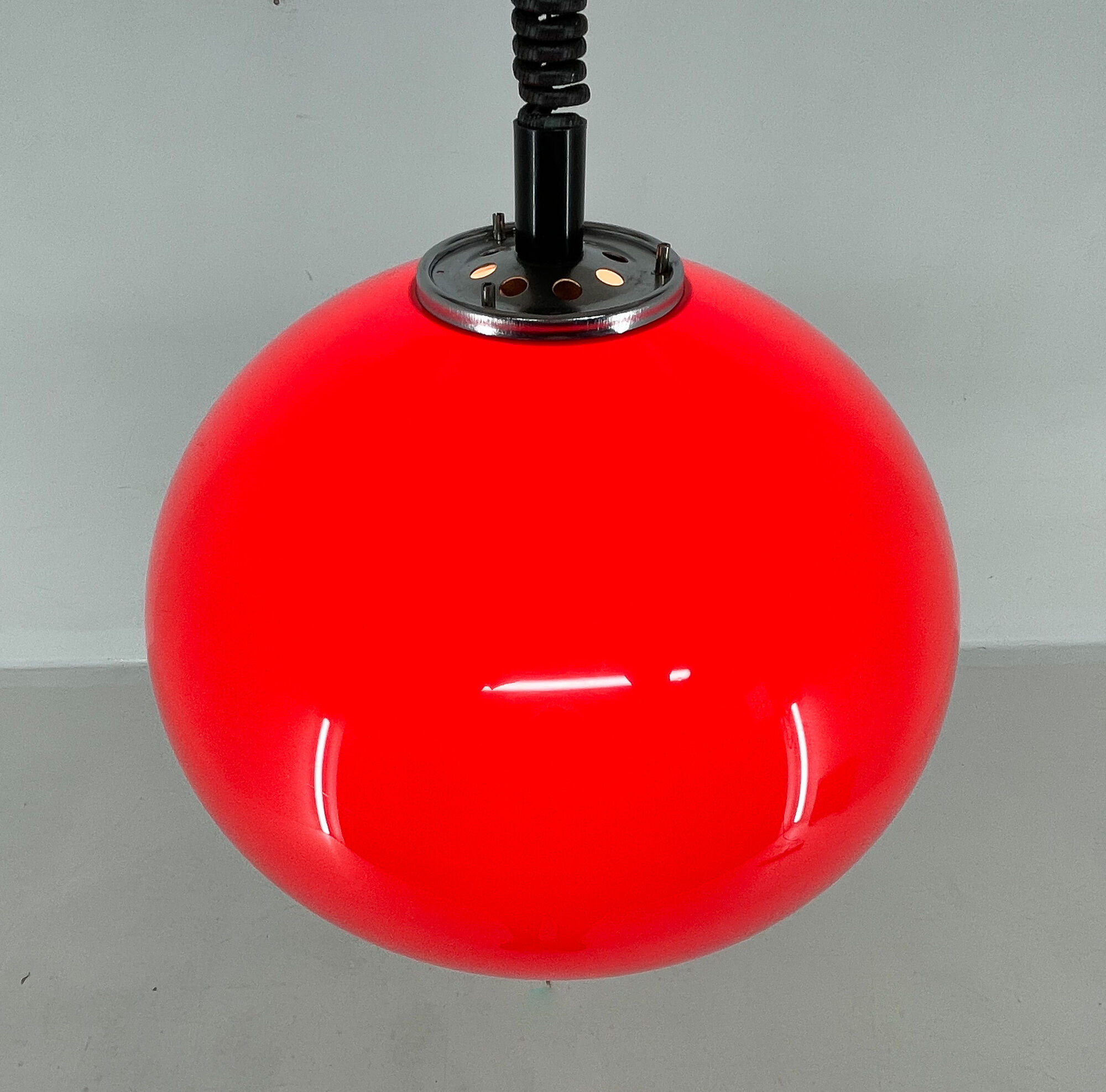Mid century red hanging lamp with chrome by Harvey Guzzini for Meblo Italy