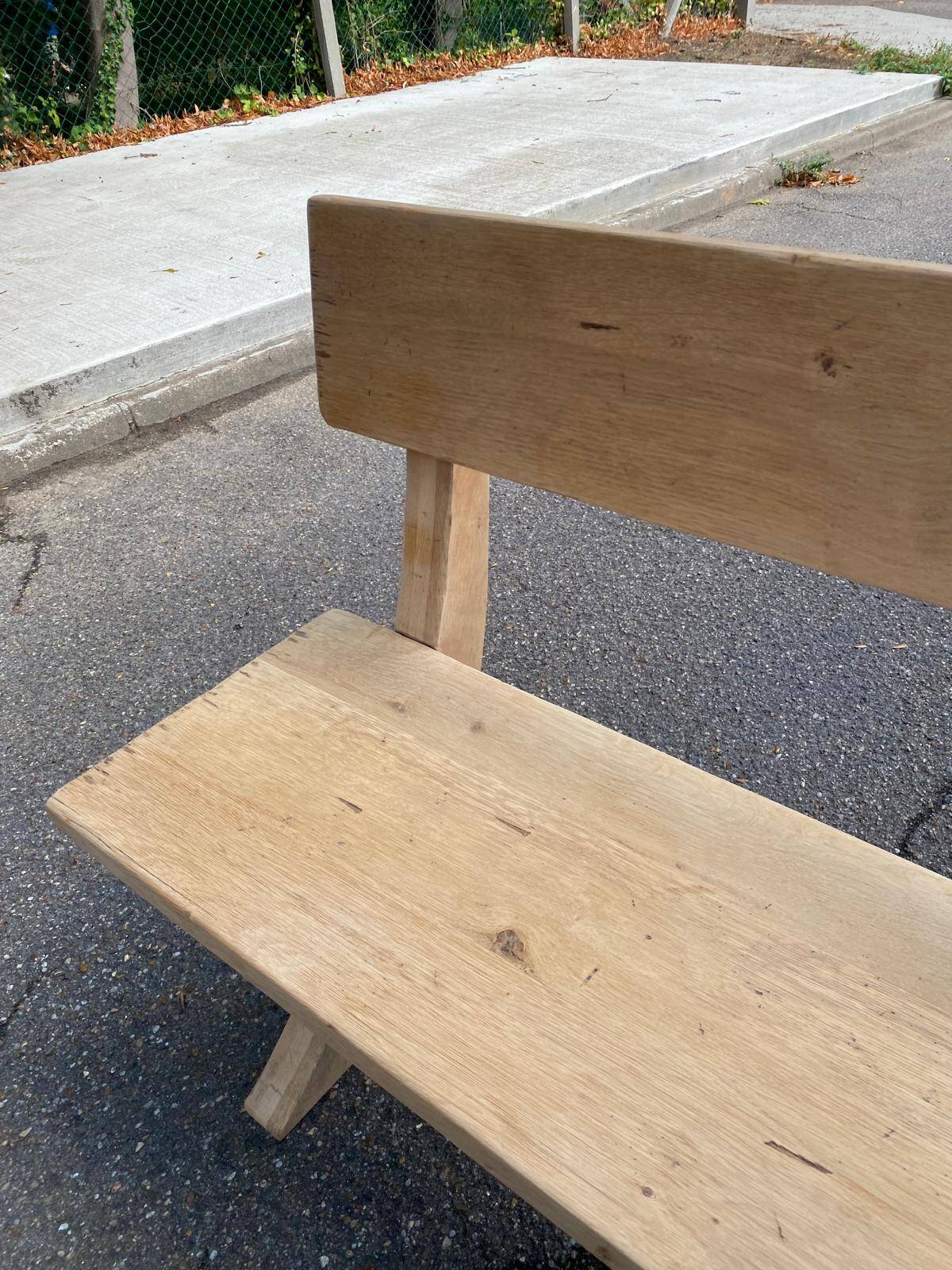 Monastery bench with a 220 cm backrest, renovated in raw solid oak with X legs.