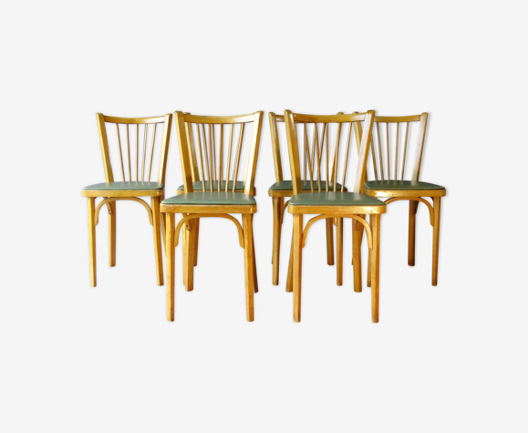 Set of six chairs Baumann N°53 skai green original 1960