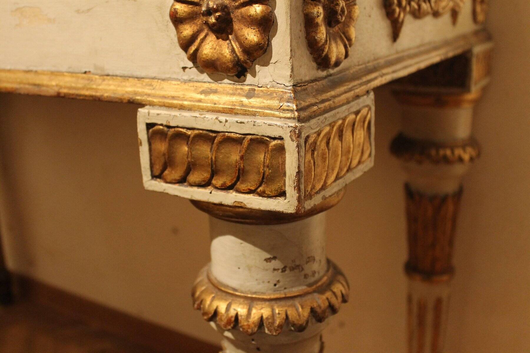 Italian Louis XVI White Lacquer and Giltwood Console with Scagliola Siena Marble Top