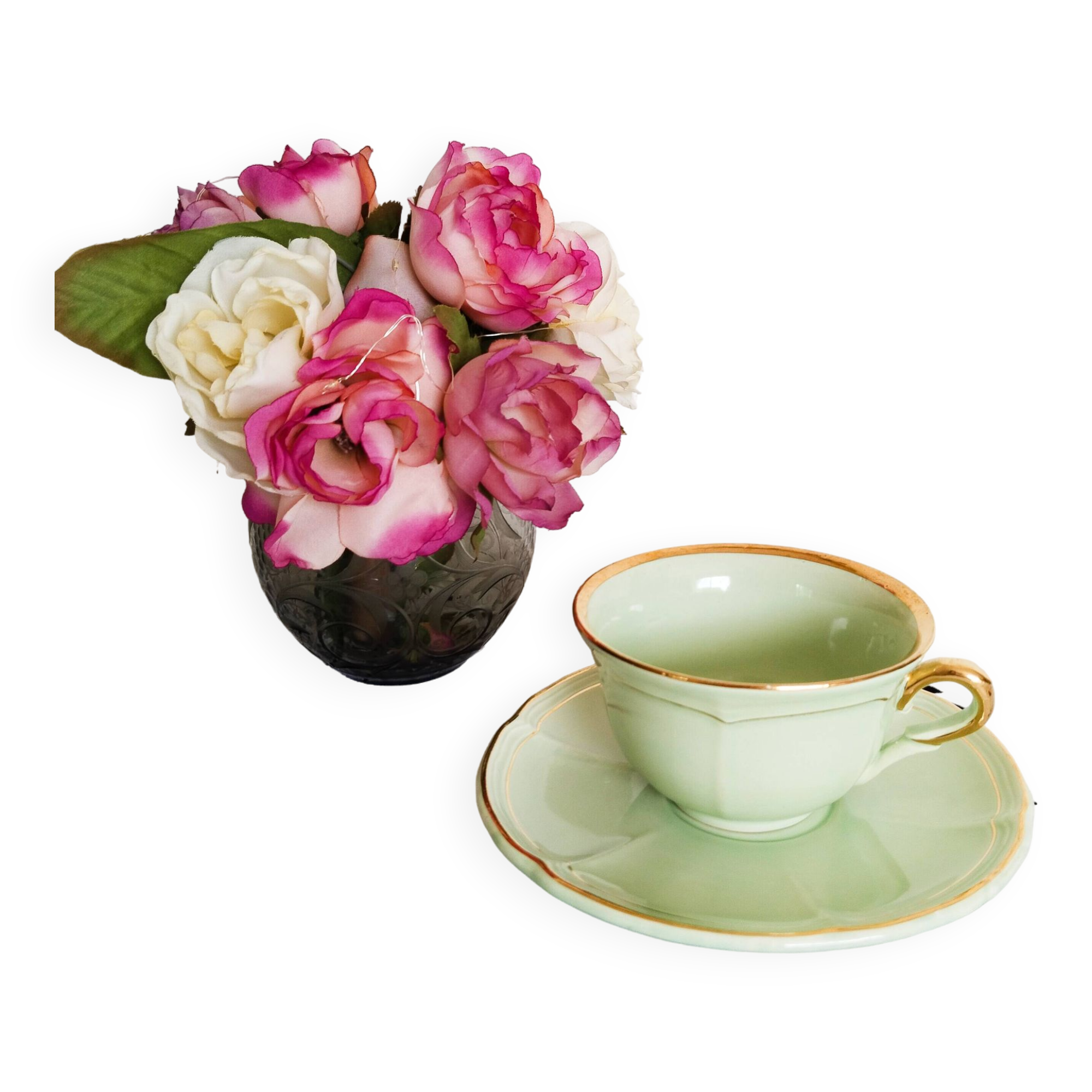 Green and gold tea cup, Villeroy and Boch style, vintage, 1950s
