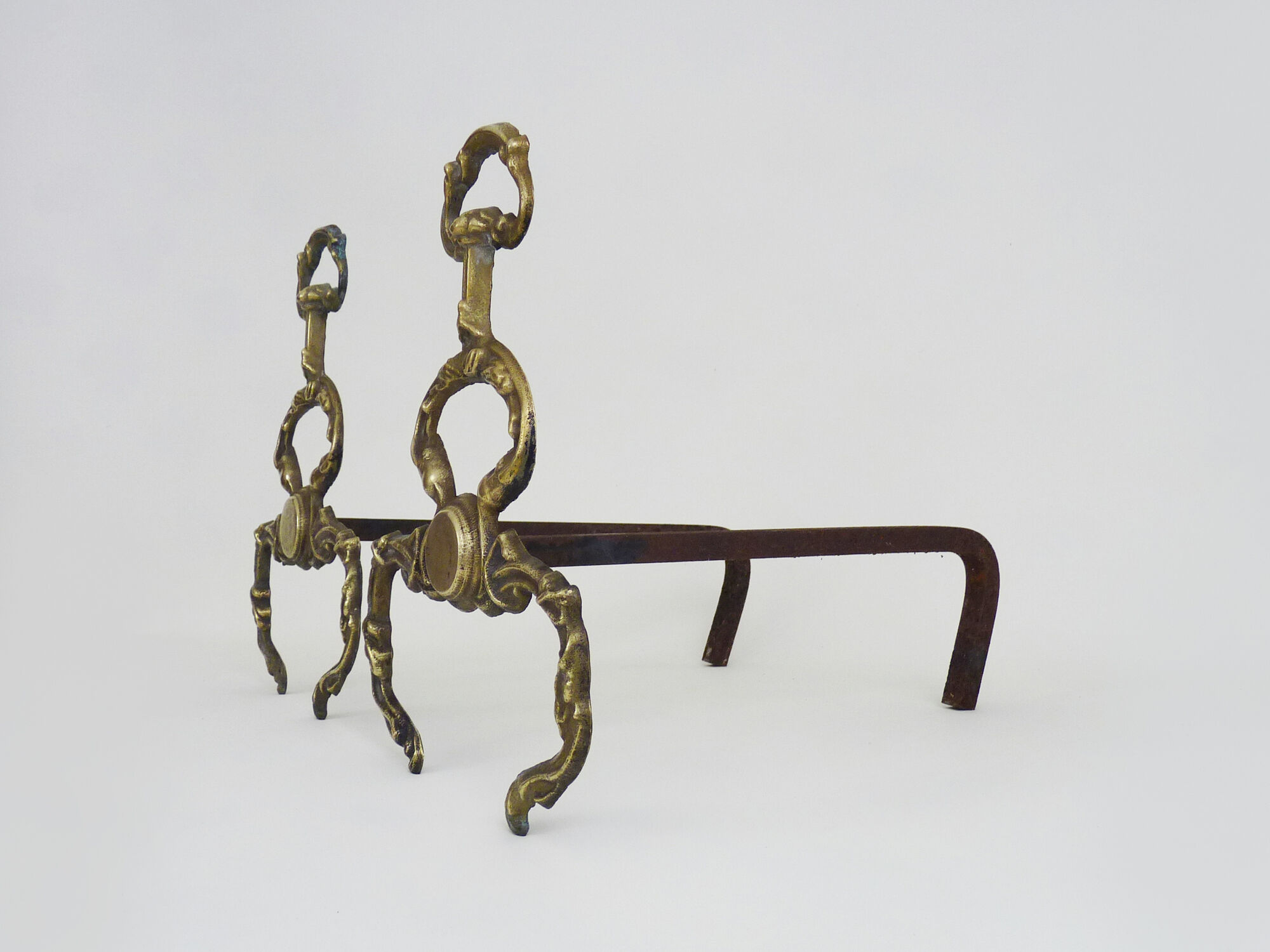 Old pair of chenets, fire dog in bronze and French neoclassical cast iron