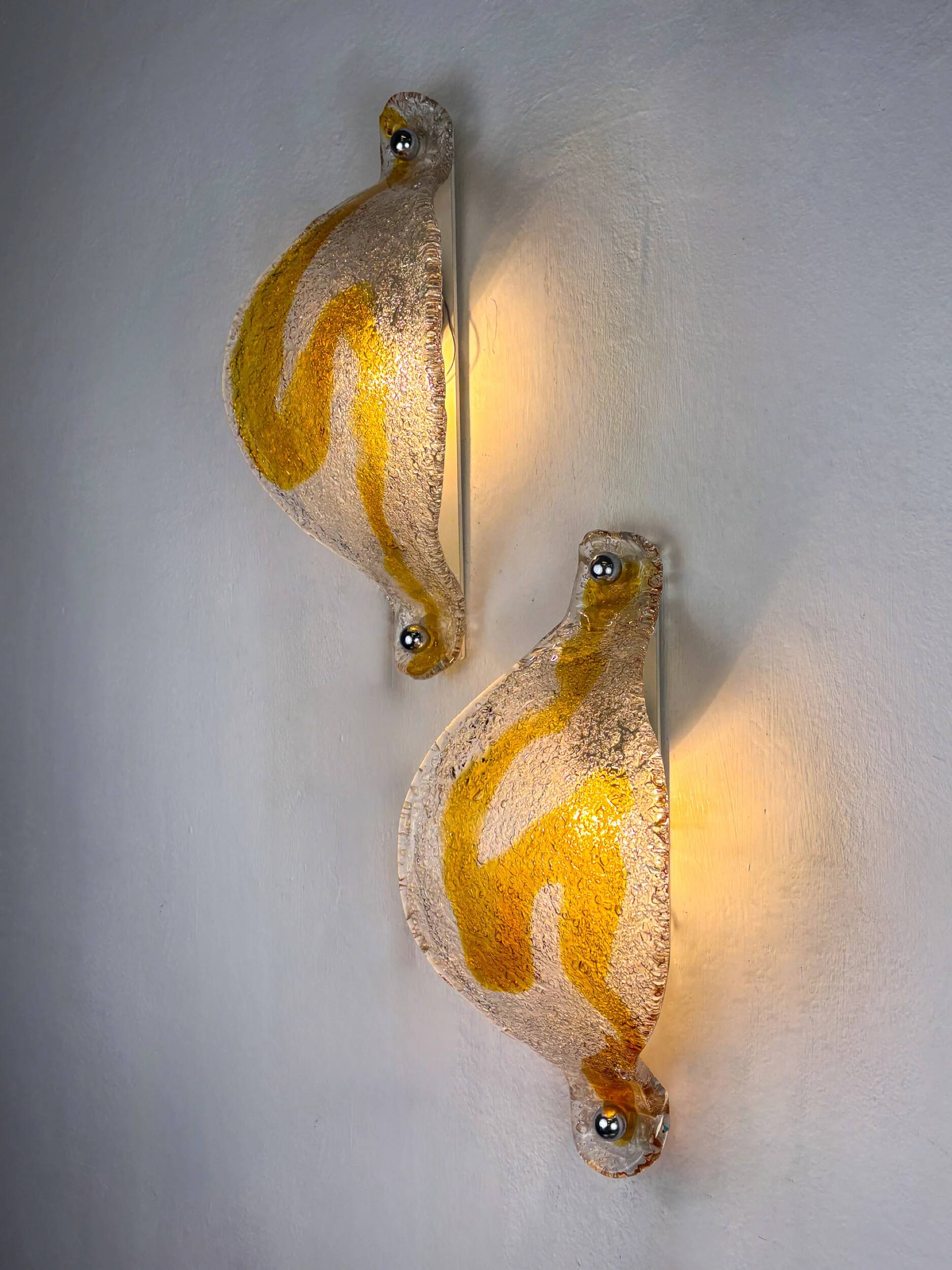 Pair of Mazzega Murano wall lights, orange frosted curved glass, Italy, 1970s