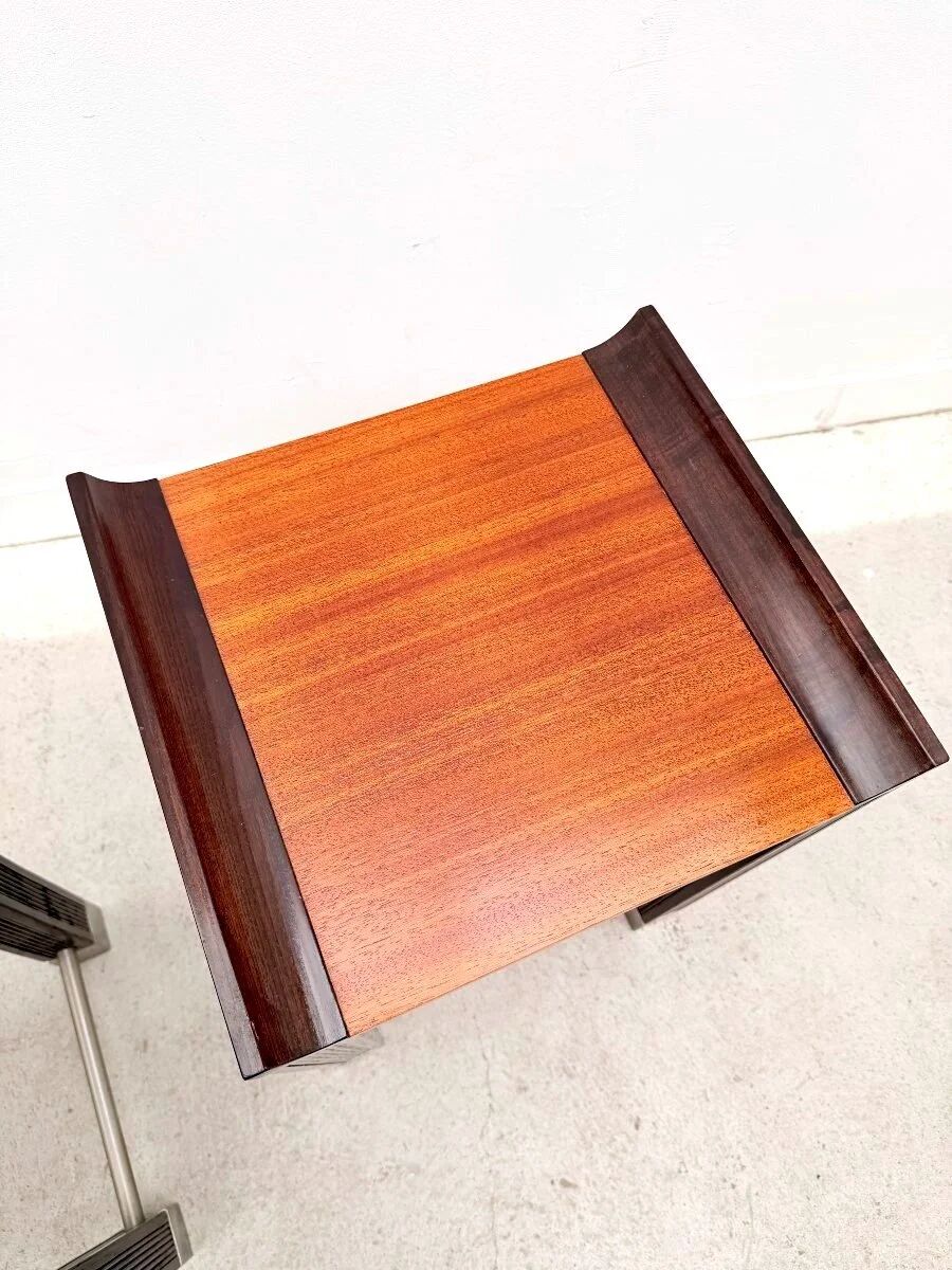 Pair of bedside tables in mahogany and stained oak, France 1980.