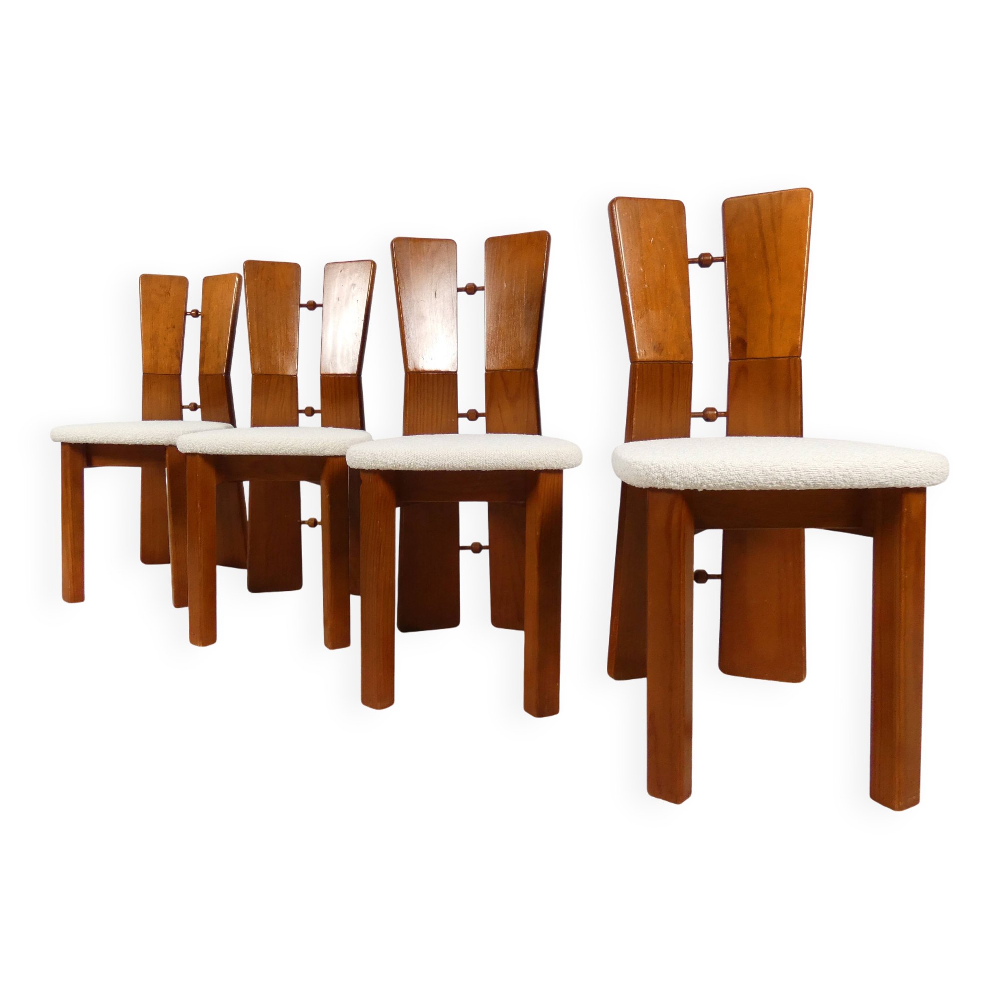 70's brutalist dining chairs in oak with bouclé fabric