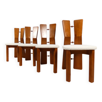 Chaises de salle à manger brutalistes des années 70 en chêne avec tissu bouclé