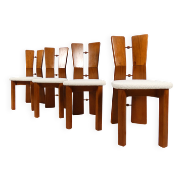 Chaises de salle à manger brutalistes des années 70 en chêne avec tissu bouclé
