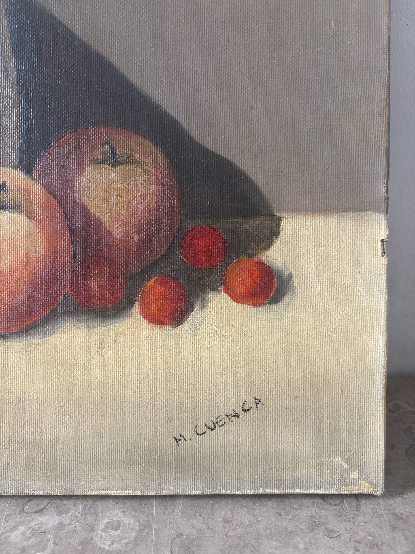 Still life with blue veil, oil on canvas signed