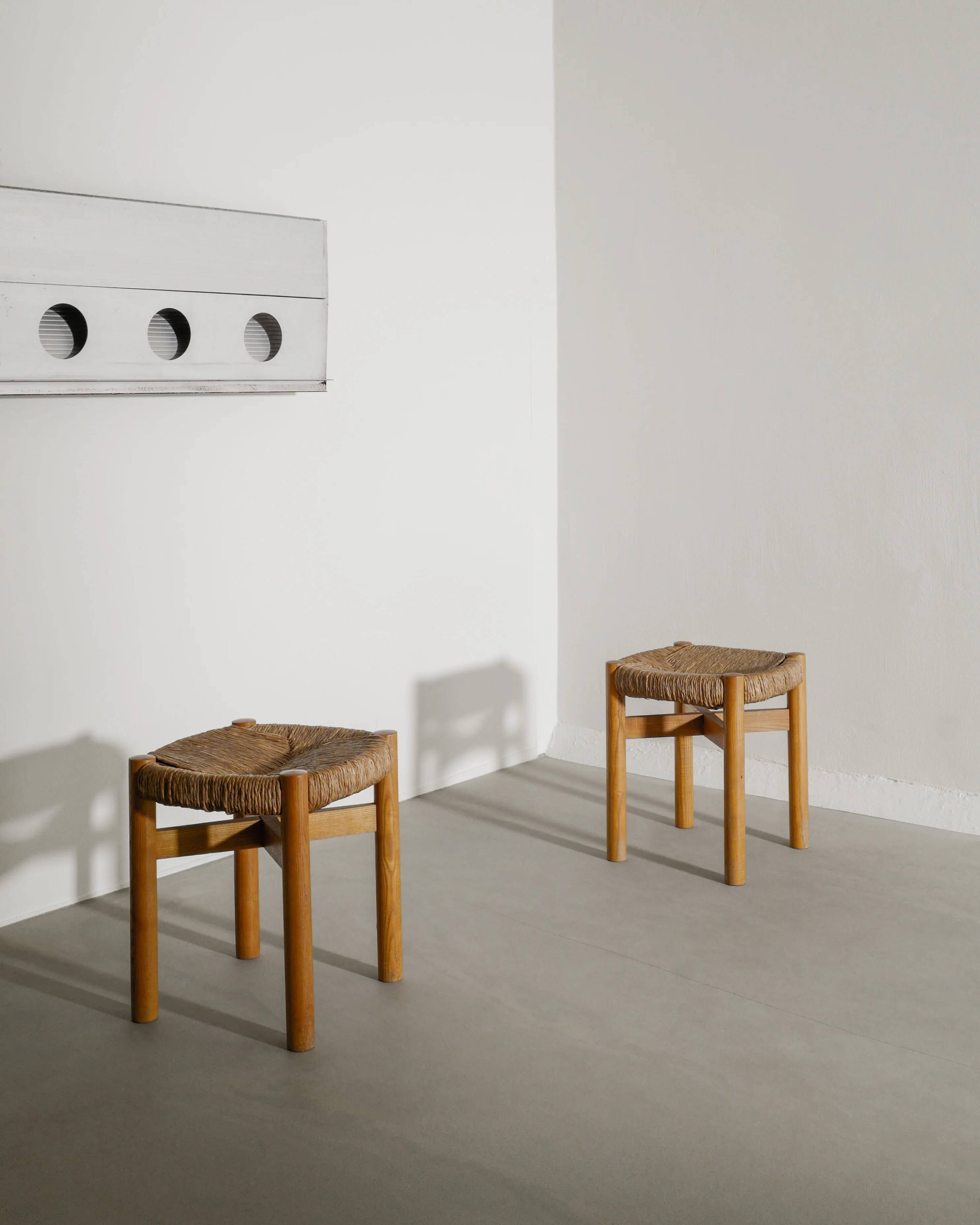 Pair of French Mid Century Wooden by Meribel Stools Charlotte Perriand 1960