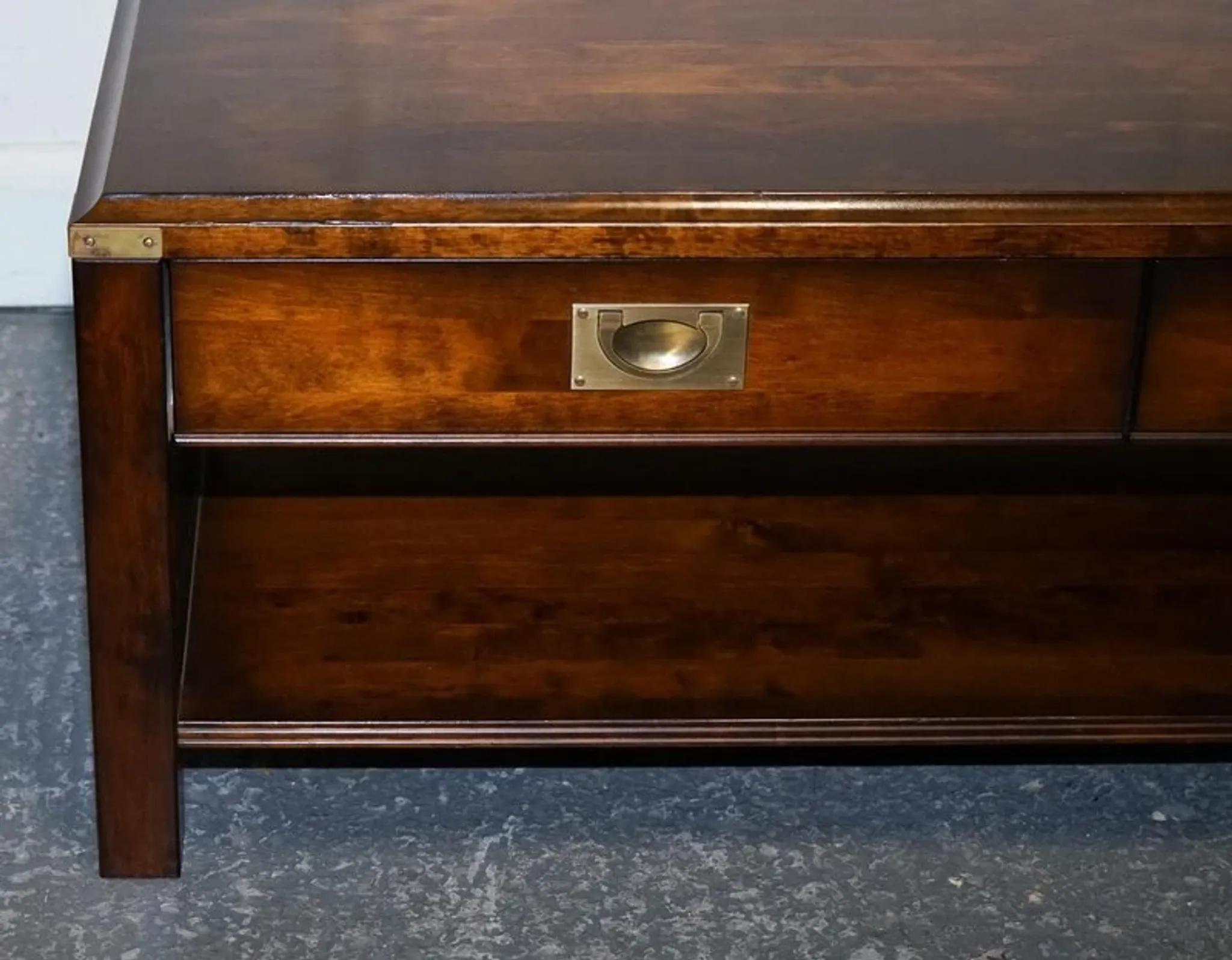 Vintage Military Campaign Coffee Table in Brass and Hardwood with Drawers