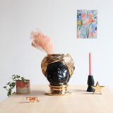 Vase tête en céramique italienne noire et dorée signé Behreno