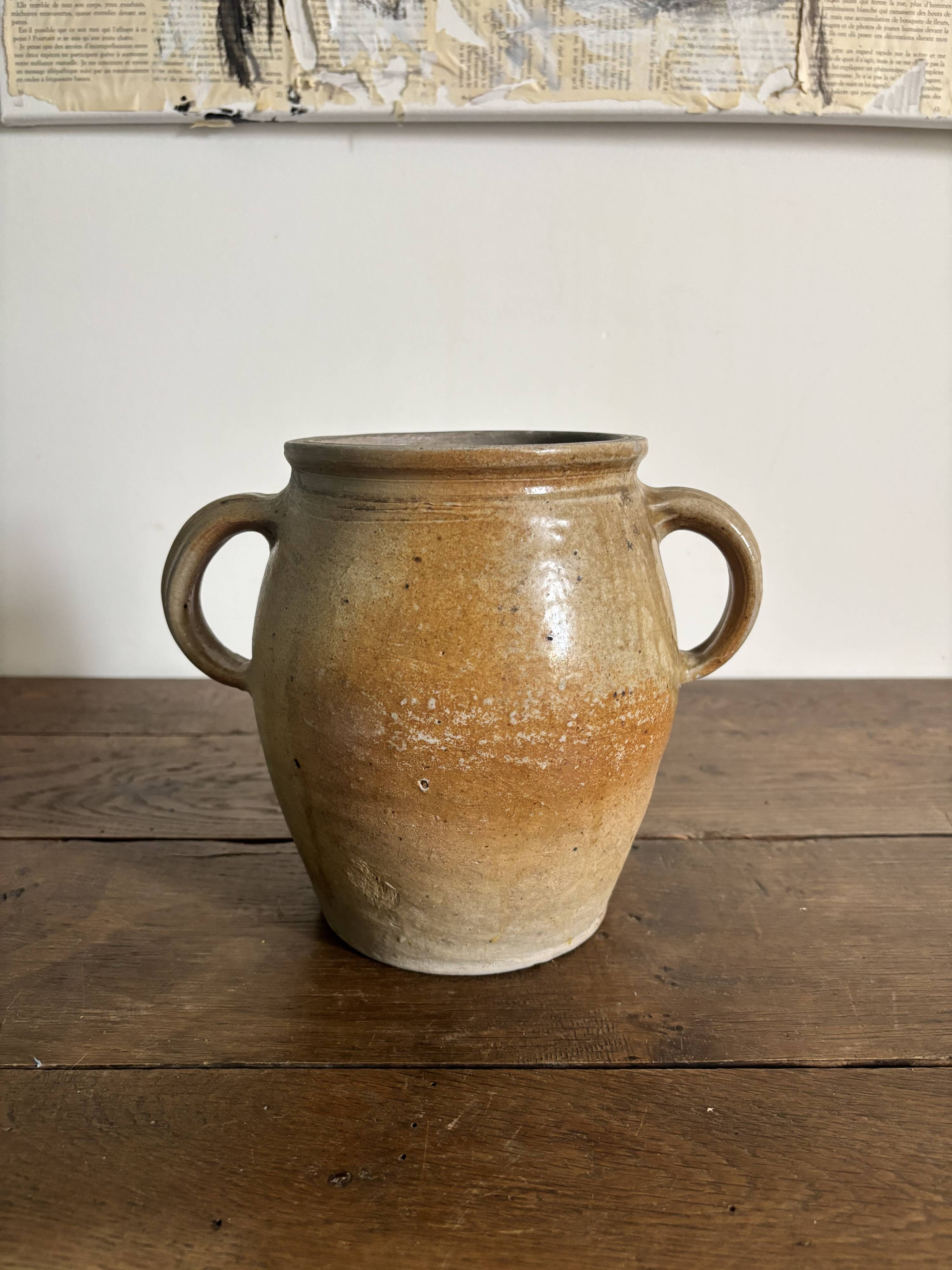 Ancien pot à graisse/vase en grès vernissé vintage – 2 anses