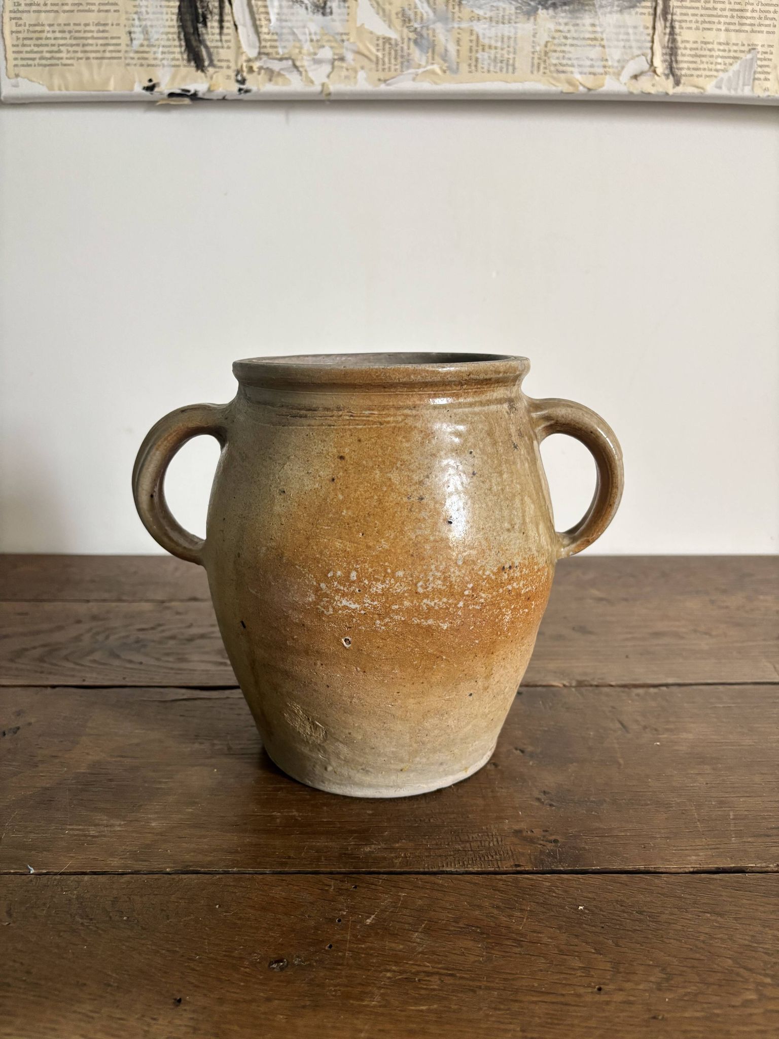 Ancien pot à graisse/vase en grès vernissé vintage – 2 anses