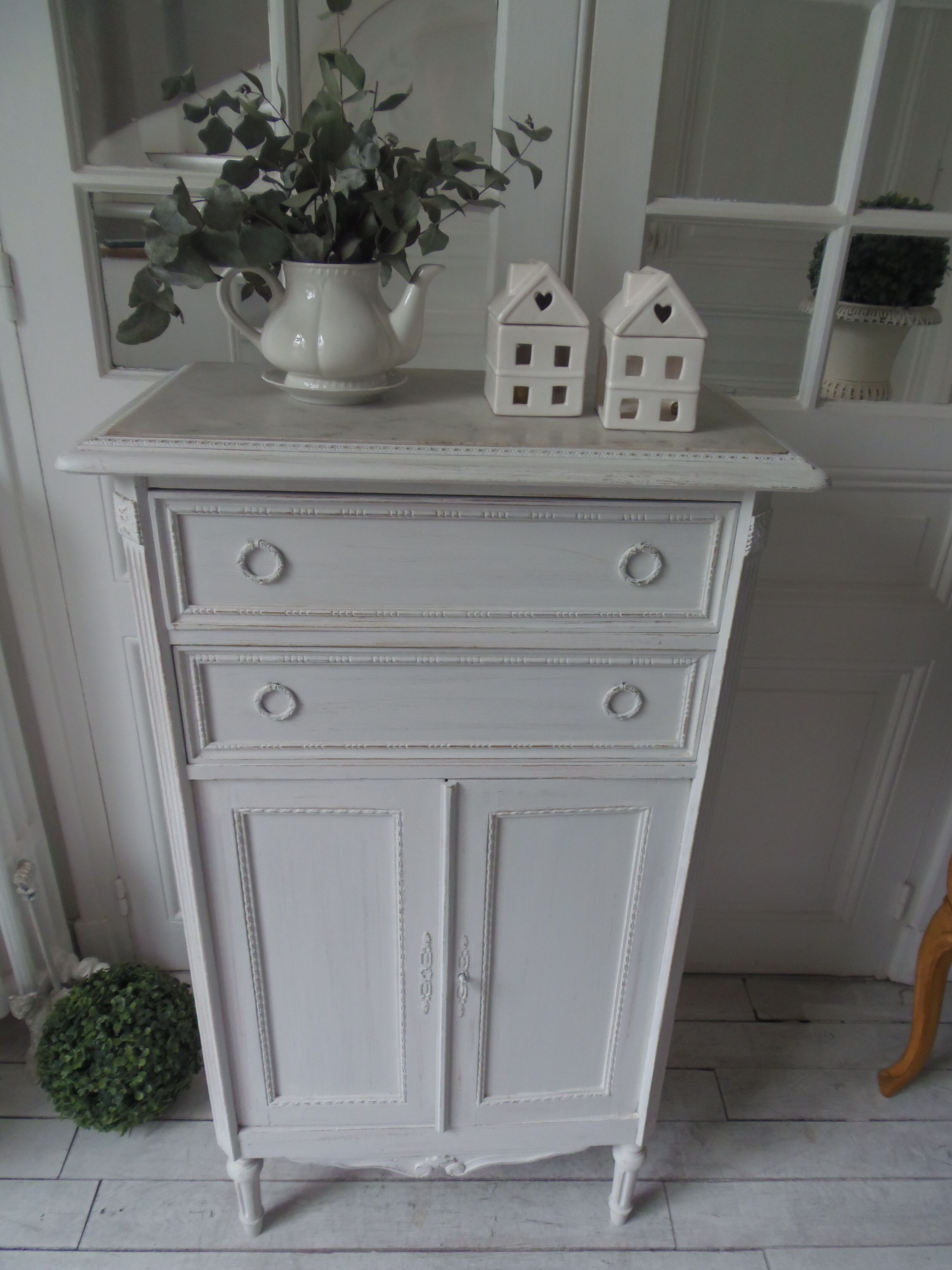 Louis XVI style furniture patinated pearl grey, marble tray