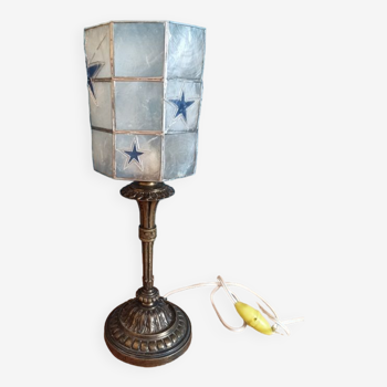 Bedside lamp mother-of-pearl blue star base bronze brass