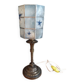 Lampe chevet nacre étoile bleue base bronze laiton