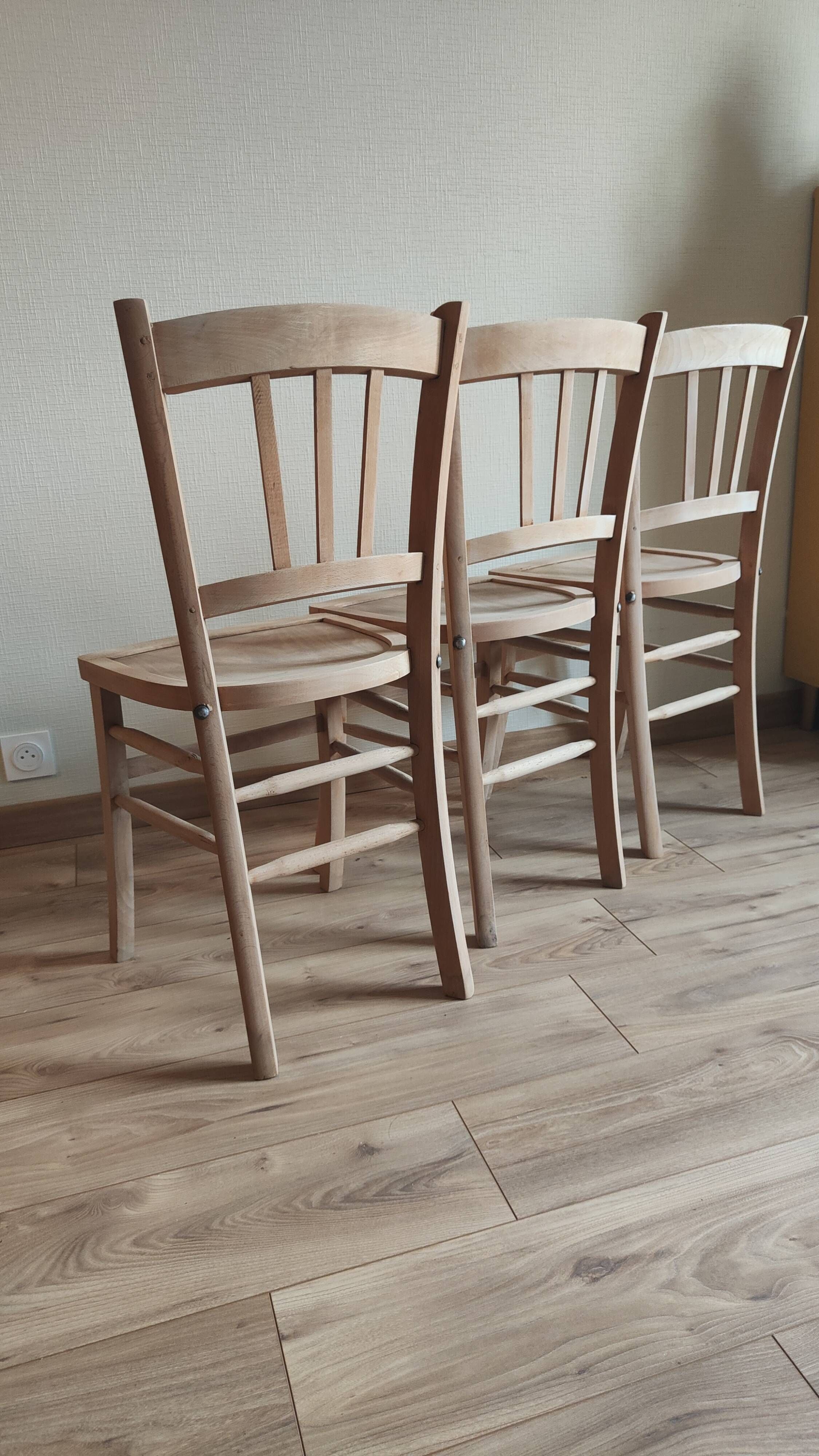 Set of 3 vintage bistro chairs in raw wood (Beech) - Luterma / Ba style