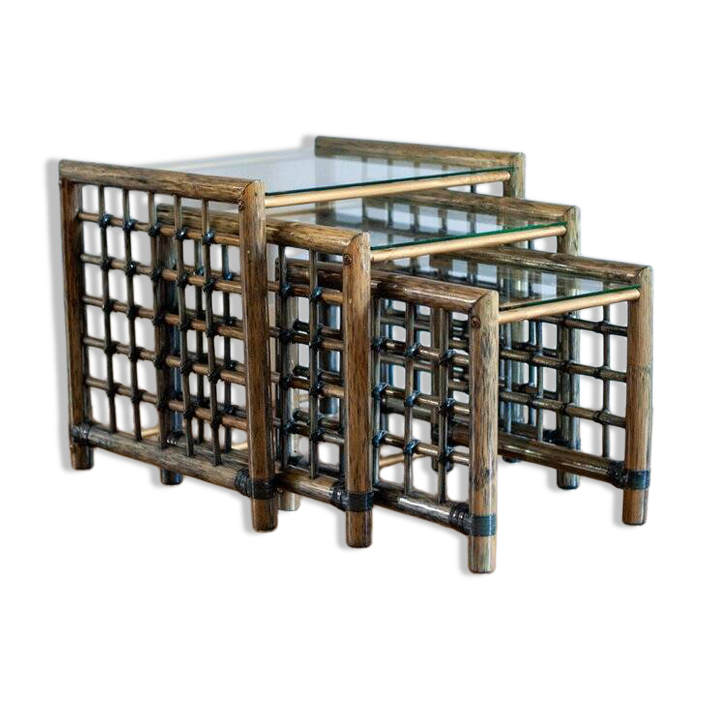 Vintage nesting tables in bamboo with glass top by Gallotti & Radice, 1970, set of 3.