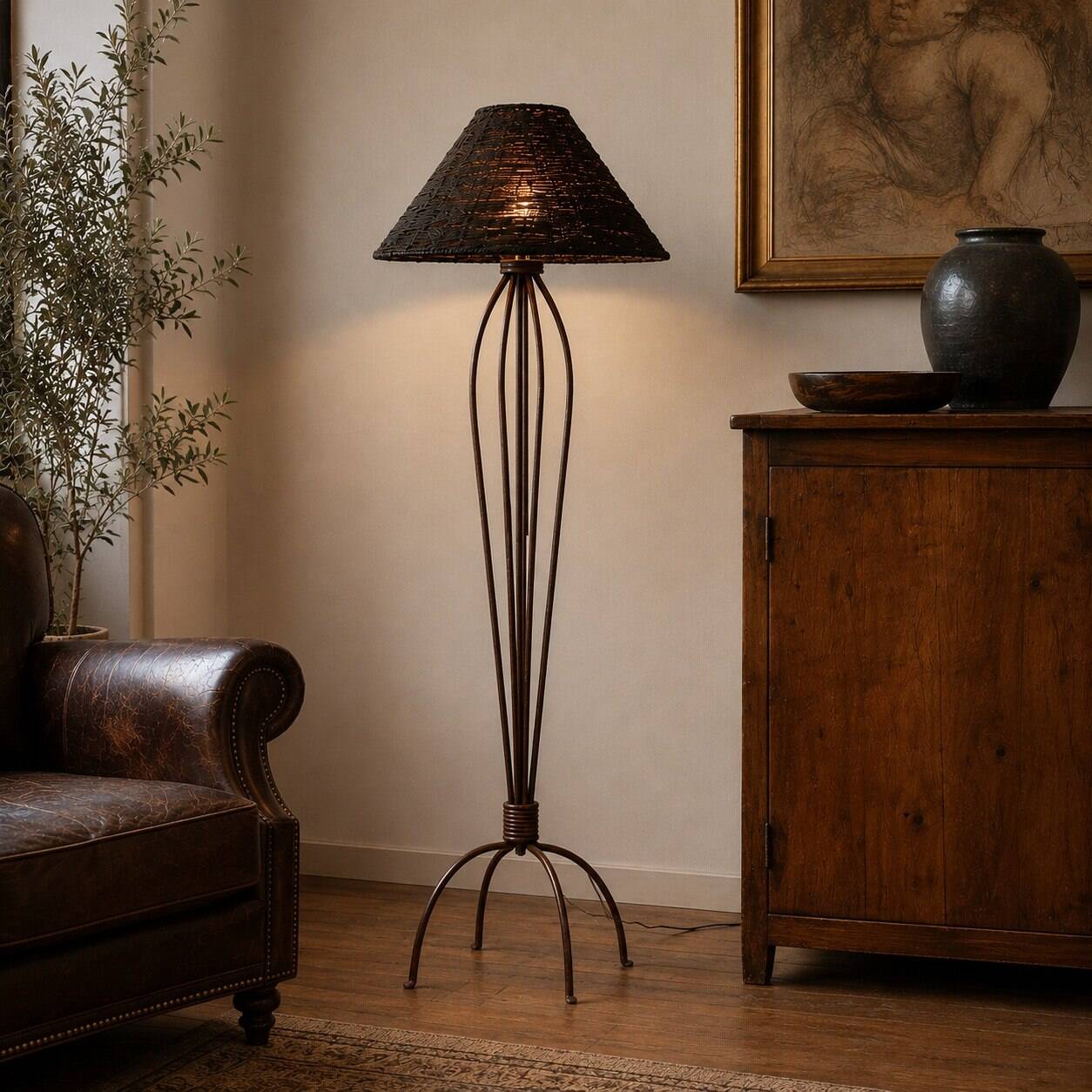 Lampe de sol en fer avec abat-jour en bambou tissé à la main, 1990-2000.