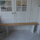 Farm bench, end of bed leg patinated pearl gray, wooden seat
