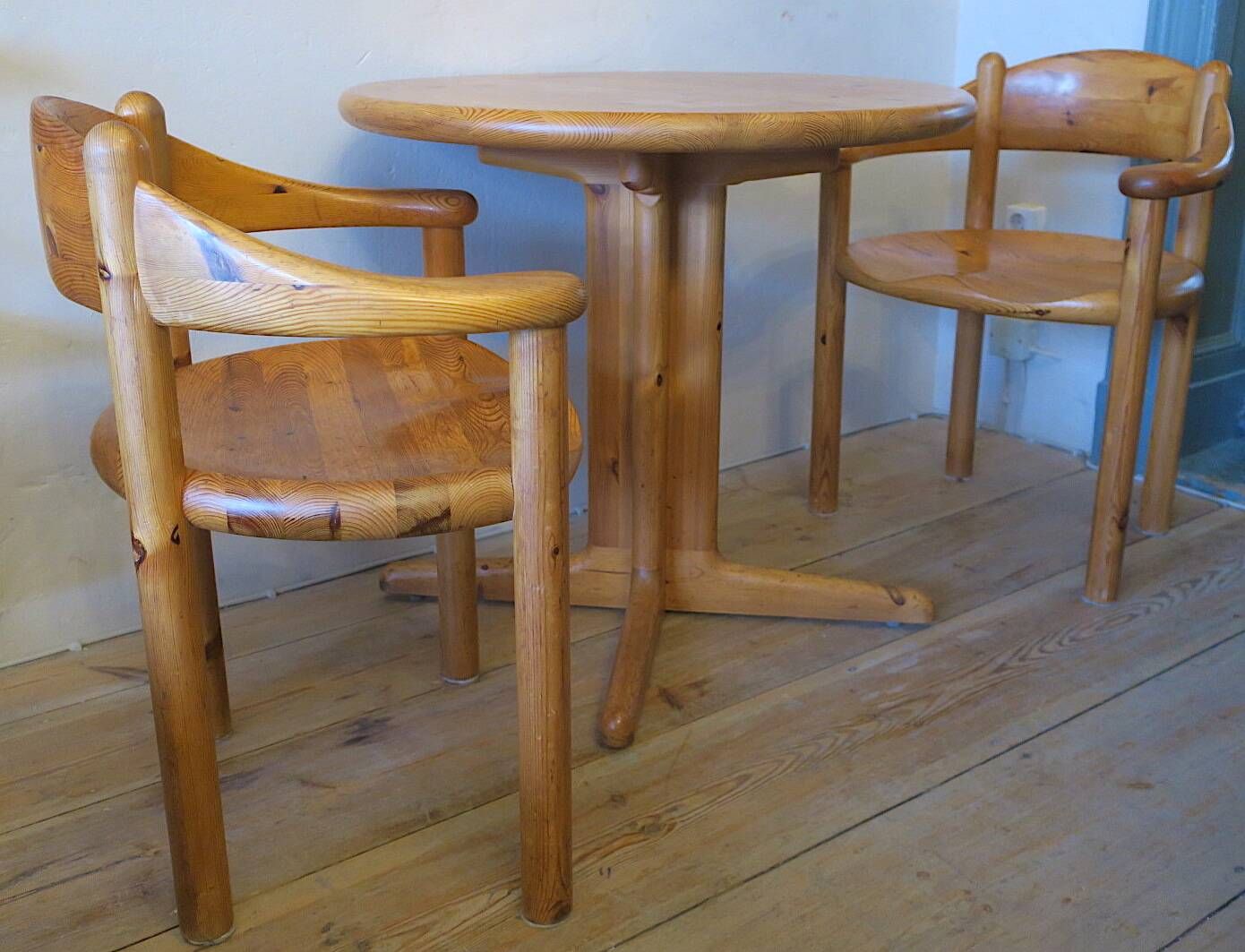 Pair armchairs and table in patinated pine  Rainer Daumiller attr., 1960s