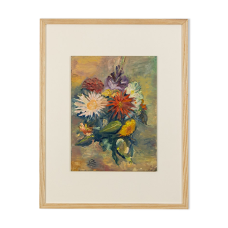 Bouquet de fleurs, huile sur assiette