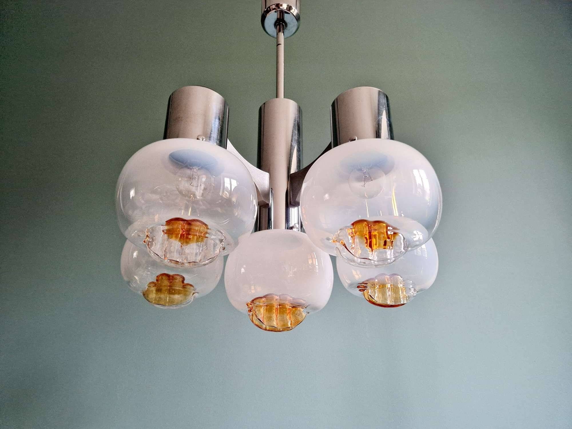 Mazzega chandelier in Murano glass and chrome-plated metal, 1970s