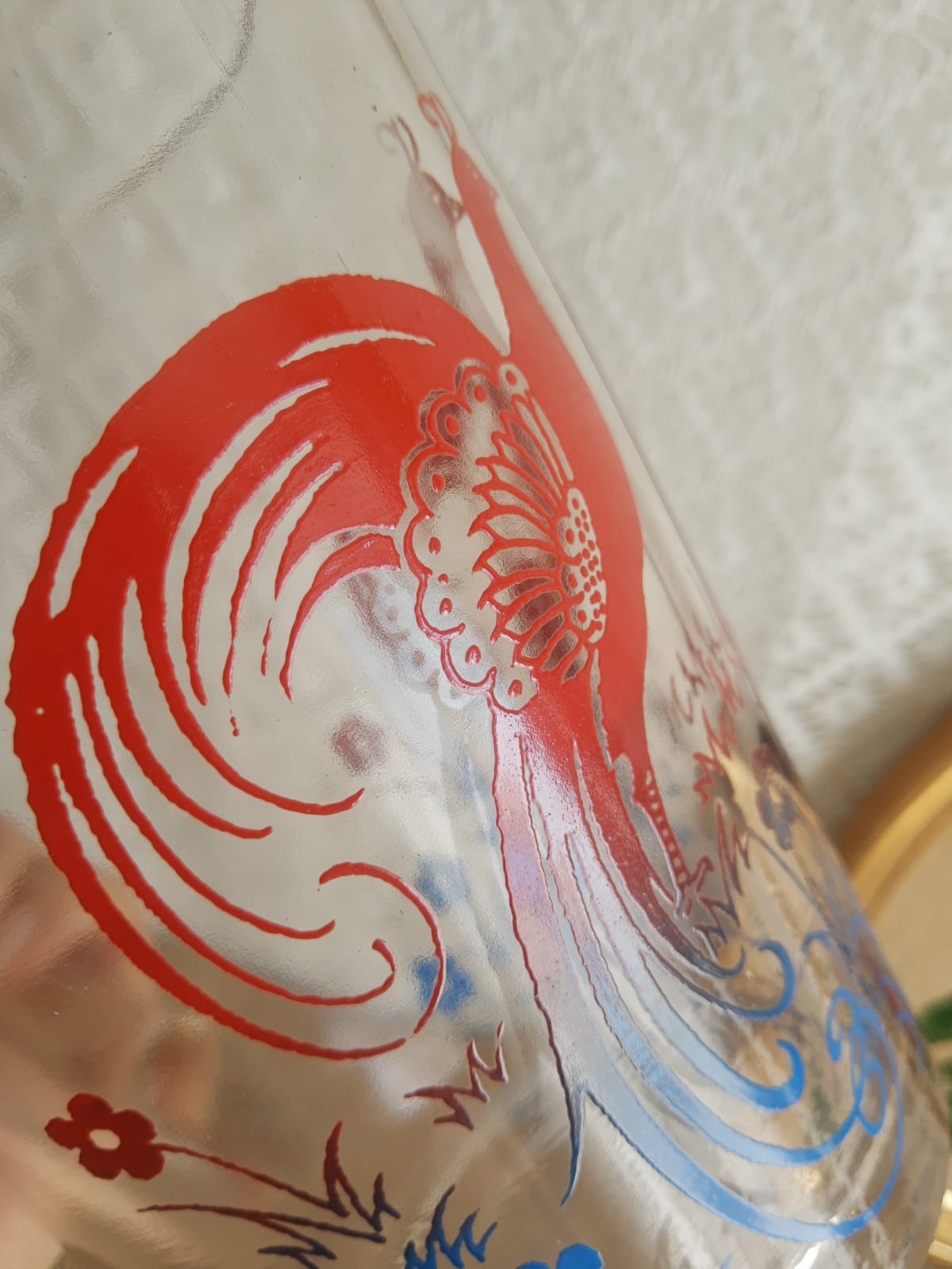 Pitcher and 6 vintage peacock liqueur glasses