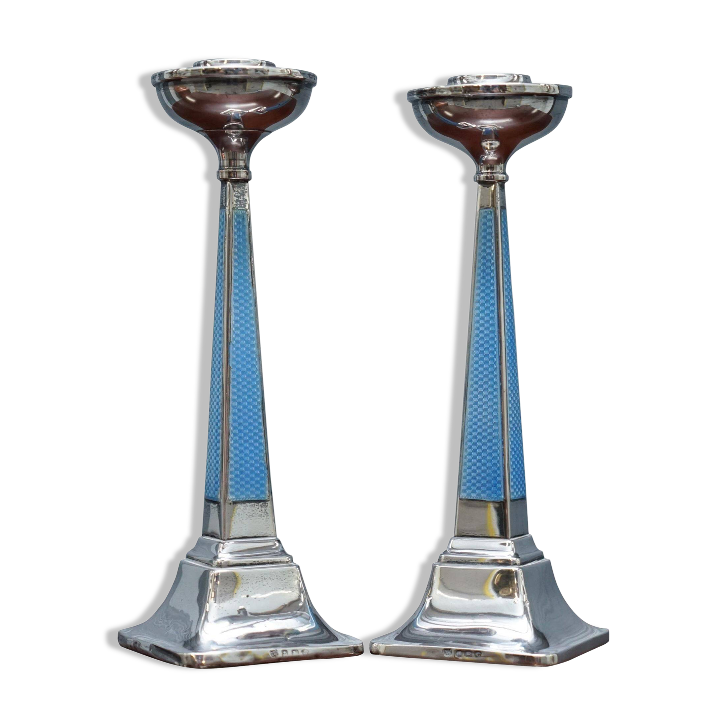 Pair of sterling silver and enamel candlesticks 1927 by Charles Green & Co.