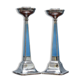 Pair of sterling silver and enamel candlesticks 1927 by Charles Green & Co.