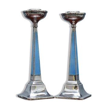Pair of sterling silver and enamel candlesticks 1927 by Charles Green & Co.