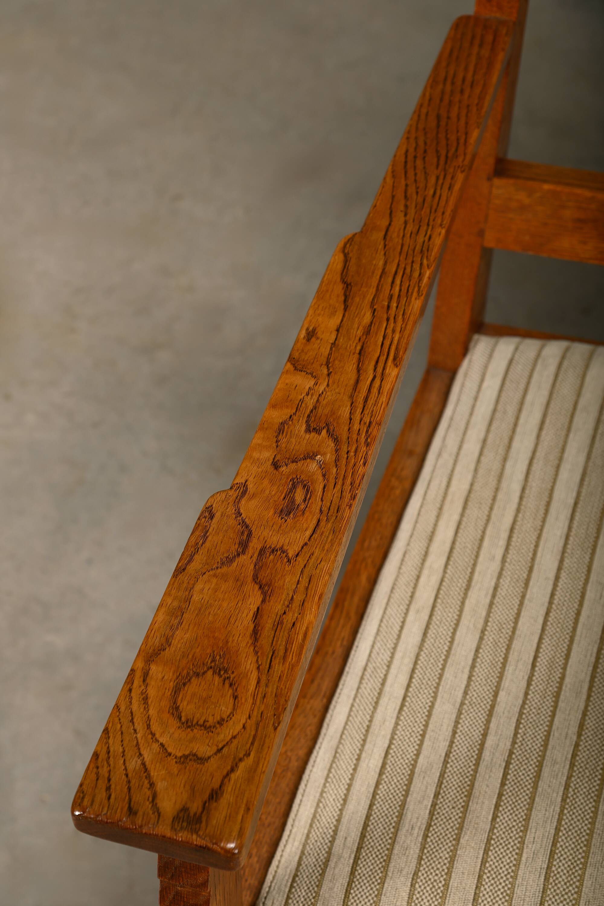 Dutch Art Deco Amsterdam School Armchairs in solid Oak and striped fabric
